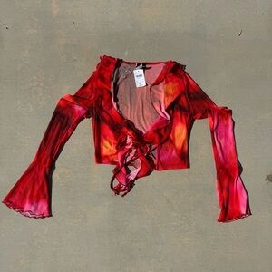 Windsor Women's Red Long Sleeve Ruffle Fairycore Cropped Mesh Cardigan SZMed NWT